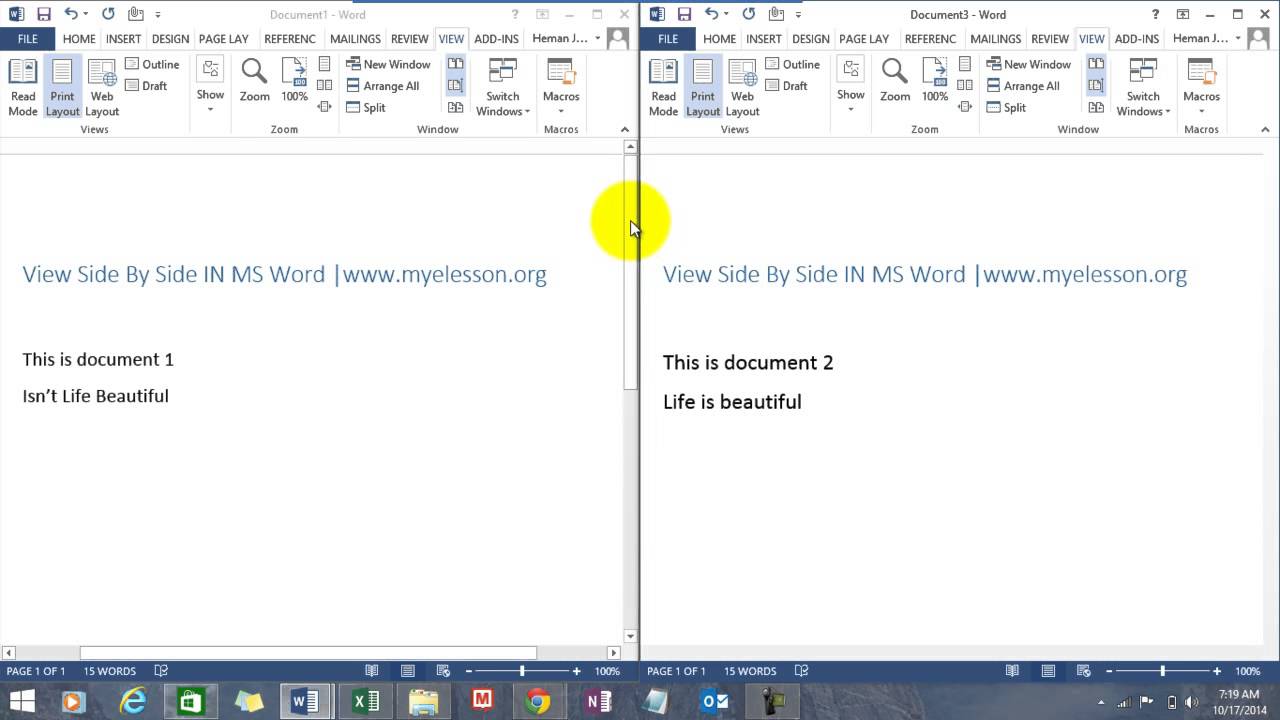 word for mac view two documents side by side